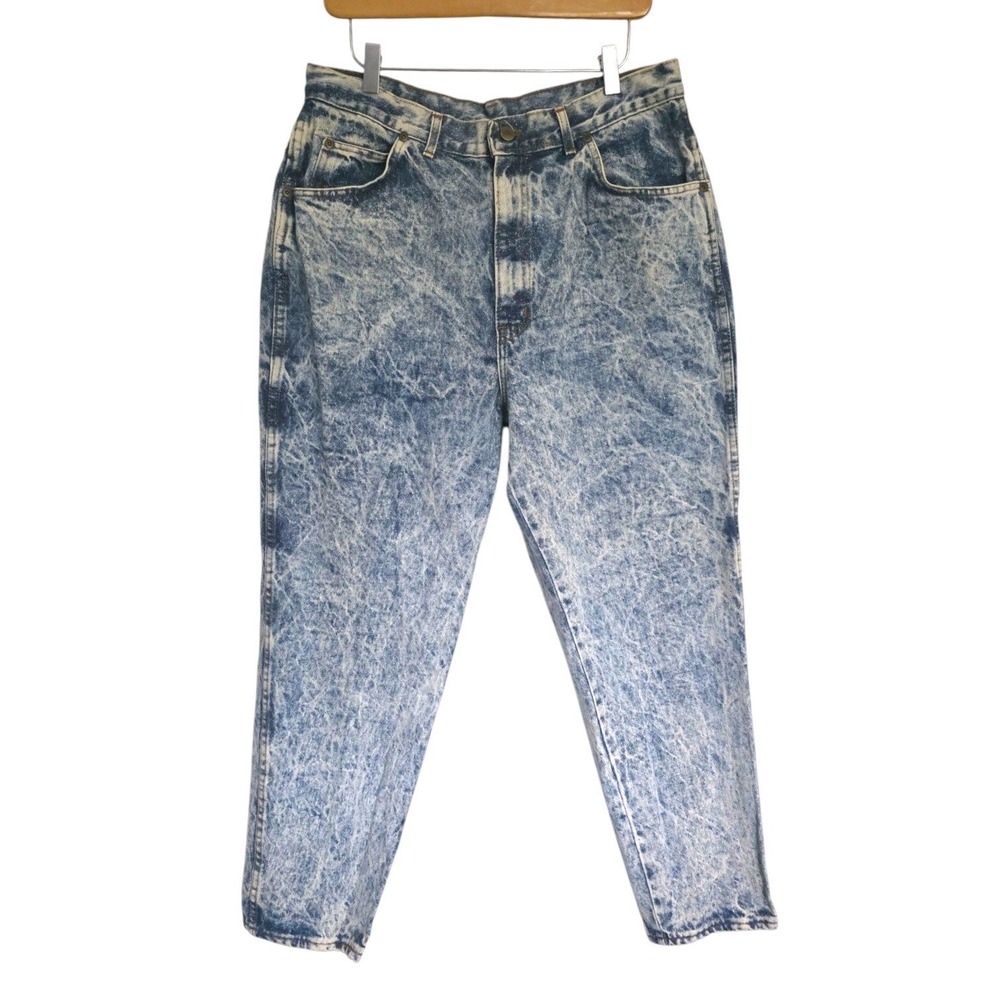Vintage Chic Acid Wash Mom Jeans High Waisted Tapered Leg Denim 34 Waist Petite